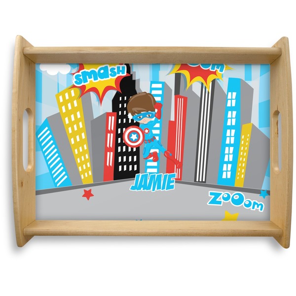 Custom Superhero in the City Natural Wooden Tray - Large (Personalized)