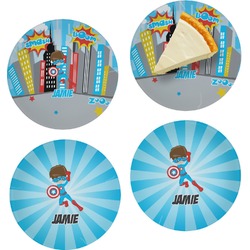 Superhero in the City Set of 4 Glass Appetizer / Dessert Plate 8" (Personalized)