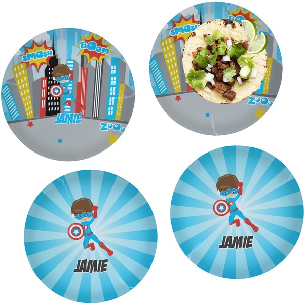 Custom Superhero in the City Set of 4 Glass Lunch / Dinner Plate 10" (Personalized)