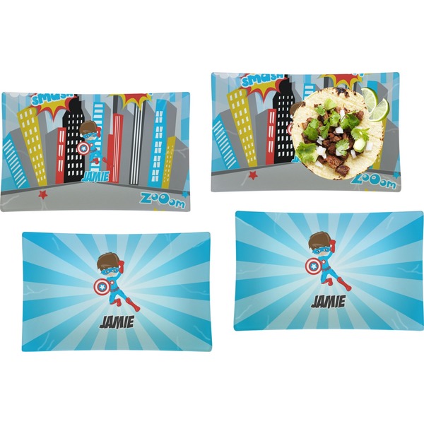 Custom Superhero in the City Set of 4 Glass Rectangular Lunch / Dinner Plate (Personalized)