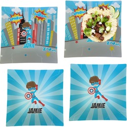 Superhero in the City Set of 4 Glass Square Lunch / Dinner Plate 9.5" (Personalized)