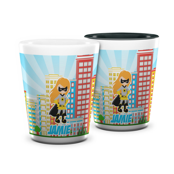 Custom Superhero in the City Ceramic Shot Glass - 1.5 oz (Personalized)