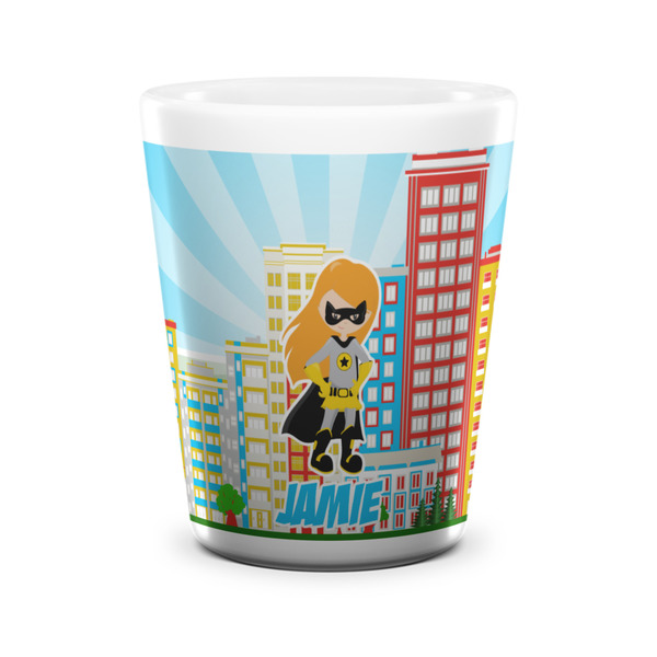 Custom Superhero in the City Ceramic Shot Glass - 1.5 oz - White - Single (Personalized)