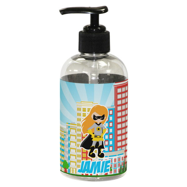 Custom Superhero in the City Plastic Soap / Lotion Dispenser (8 oz - Small - Black) (Personalized)