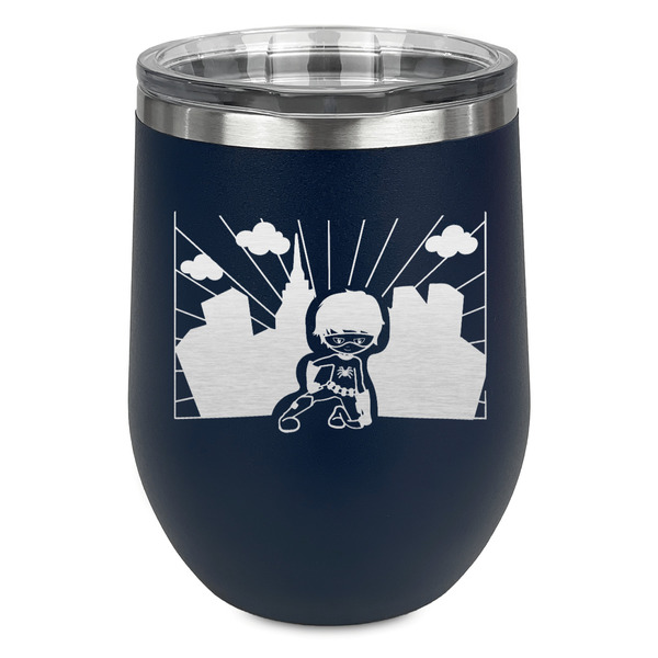 Custom Superhero in the City Stemless Stainless Steel Wine Tumbler - Navy - Double Sided