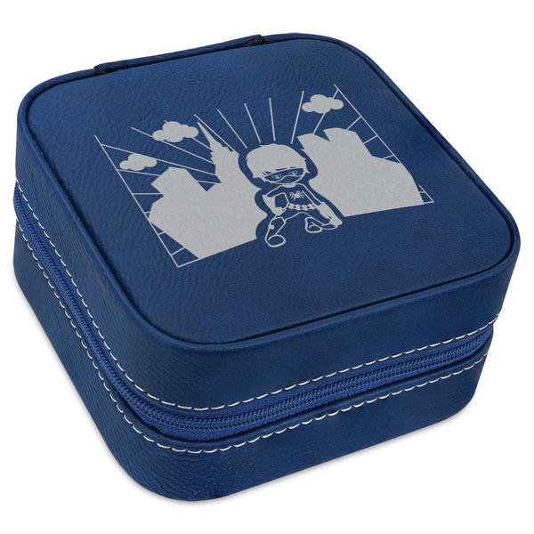 Custom Superhero in the City Travel Jewelry Box - Navy Blue Leather