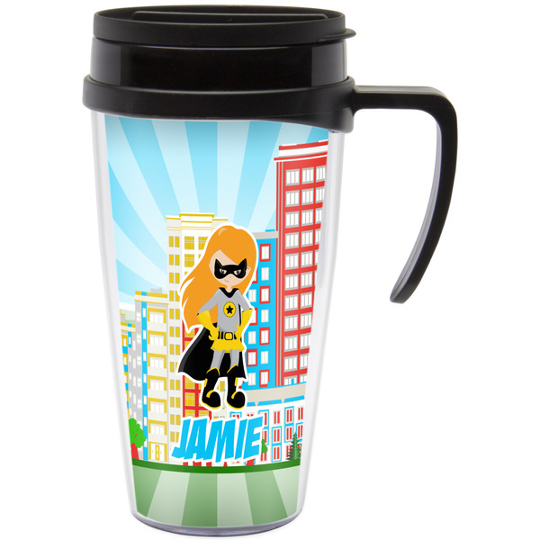 Custom Superhero in the City Acrylic Travel Mug with Handle (Personalized)