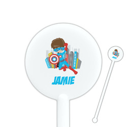 Superhero in the City 5.5" Round Plastic Stir Sticks - White - Double Sided (Personalized)