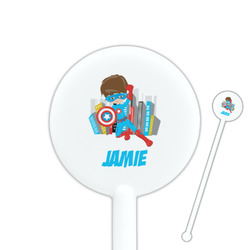 Superhero in the City 5.5" Round Plastic Stir Sticks - White - Single Sided (Personalized)