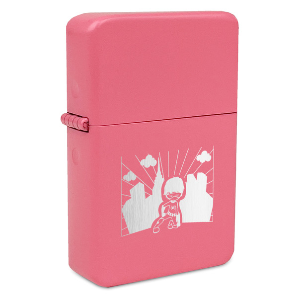 Custom Superhero in the City Windproof Lighter - Pink - Single Sided & Lid Engraved