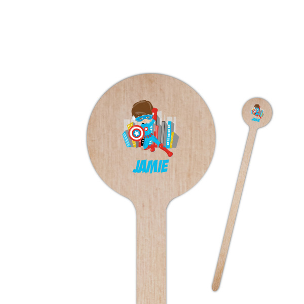 Custom Superhero in the City 7.5" Round Wooden Stir Sticks - Double Sided (Personalized)