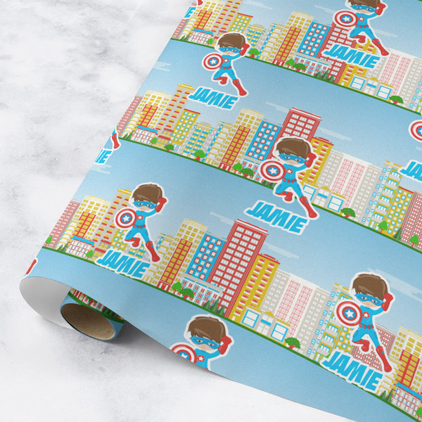 Custom Superhero in the City Wrapping Paper Roll - Medium - Matte (Personalized)