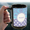 Purple Damask & Dots 15oz. Black Mug - LIFESTYLE