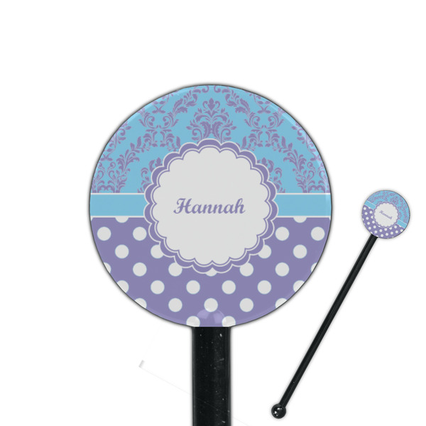 Custom Purple Damask & Dots 5.5" Round Plastic Stir Sticks - Black - Double Sided (Personalized)