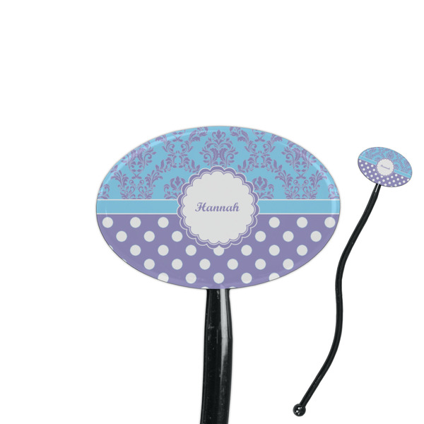 Custom Purple Damask & Dots 7" Oval Plastic Stir Sticks - Black - Double Sided (Personalized)