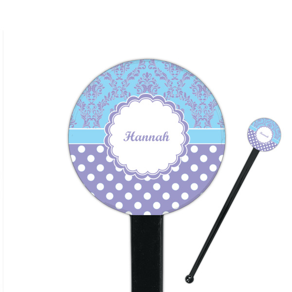 Custom Purple Damask & Dots 7" Round Plastic Stir Sticks - Black - Double Sided (Personalized)