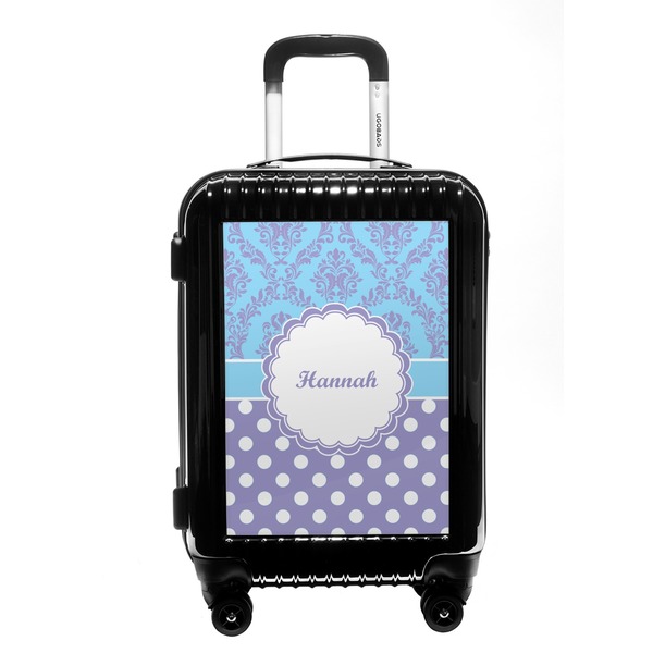 Custom Purple Damask & Dots Carry On Hard Shell Suitcase (Personalized)