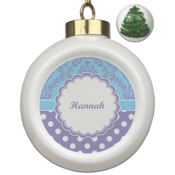 Custom Purple Damask & Dots Ceramic Ball Ornament - Christmas Tree (Personalized)