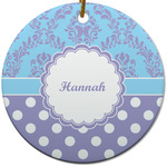 Purple Damask & Dots Round Ceramic Ornament w/ Name or Text