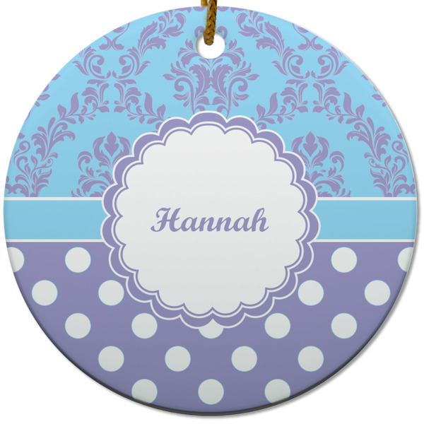 Custom Purple Damask & Dots Round Ceramic Ornament w/ Name or Text