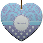 Purple Damask & Dots Heart Ceramic Ornament w/ Name or Text