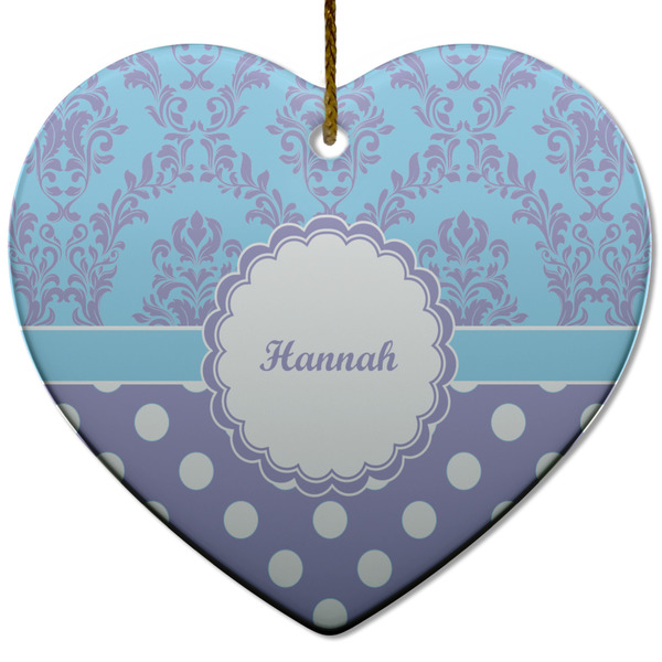 Custom Purple Damask & Dots Heart Ceramic Ornament w/ Name or Text