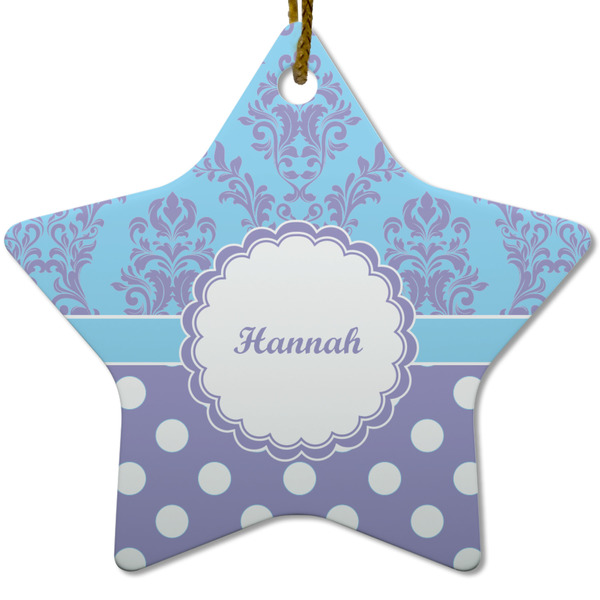 Custom Purple Damask & Dots Star Ceramic Ornament w/ Name or Text