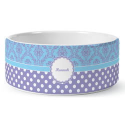 Purple Damask & Dots Ceramic Dog Bowl - Medium (Personalized)