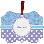 Purple Damask & Dots Metal Frame Ornament - Double Sided w/ Name or Text