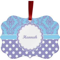 Purple Damask & Dots Metal Frame Ornament - Double Sided w/ Name or Text