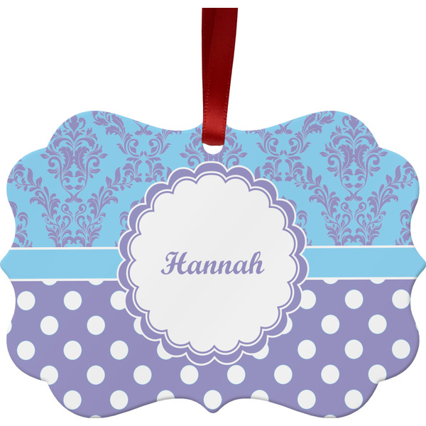 Custom Purple Damask & Dots Metal Frame Ornament - Double Sided w/ Name or Text