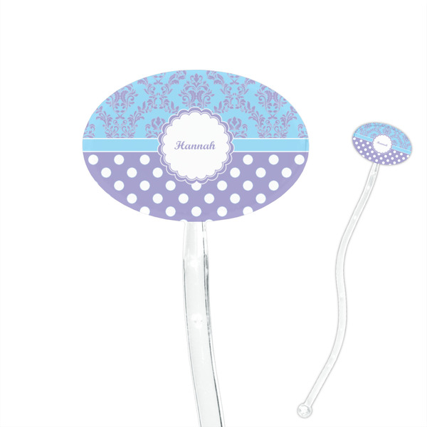 Custom Purple Damask & Dots 7" Oval Plastic Stir Sticks - Clear (Personalized)