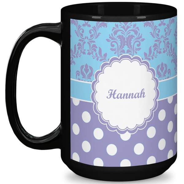 Custom Purple Damask & Dots 15 Oz Coffee Mug - Black (Personalized)