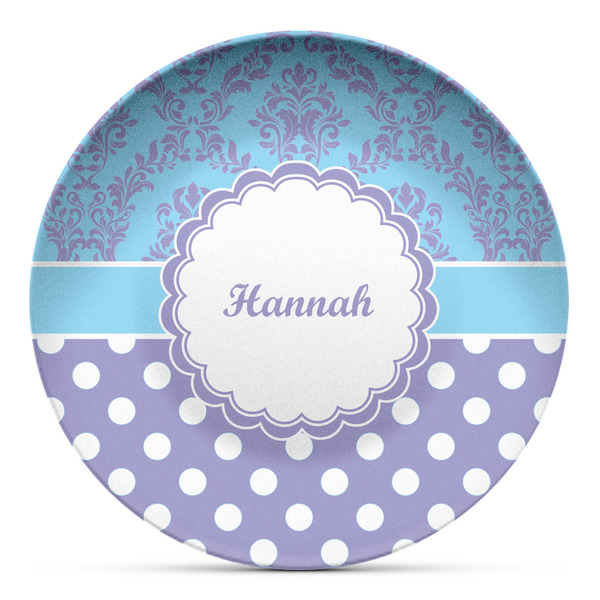 Custom Purple Damask & Dots Microwave Safe Plastic Plate - Composite Polymer (Personalized)