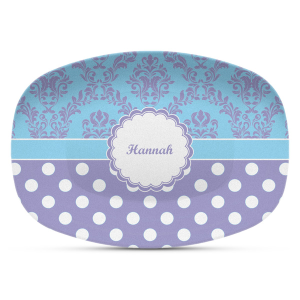 Custom Purple Damask & Dots Plastic Platter - Microwave & Oven Safe Composite Polymer (Personalized)