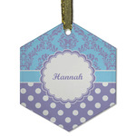 Purple Damask & Dots Flat Glass Ornament - Hexagon w/ Name or Text