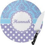 Purple Damask & Dots Round Glass Cutting Board - Medium (Personalized)