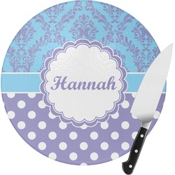 Purple Damask & Dots Round Glass Cutting Board - Medium (Personalized)