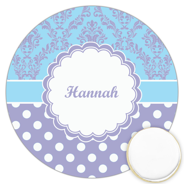 Custom Purple Damask & Dots Printed Cookie Topper - 3.25" (Personalized)
