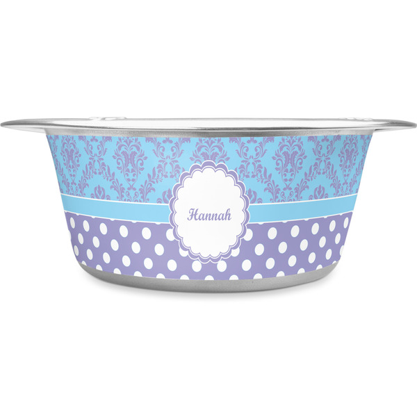 Custom Purple Damask & Dots Stainless Steel Dog Bowl - Small (Personalized)