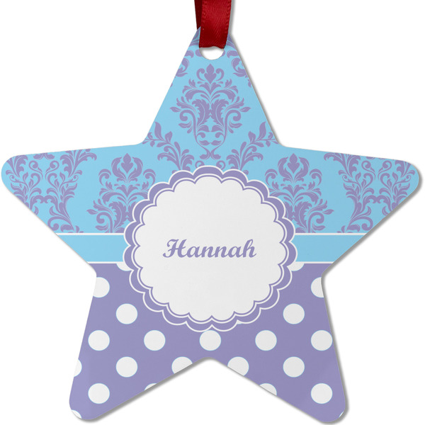 Custom Purple Damask & Dots Metal Star Ornament - Double Sided w/ Name or Text