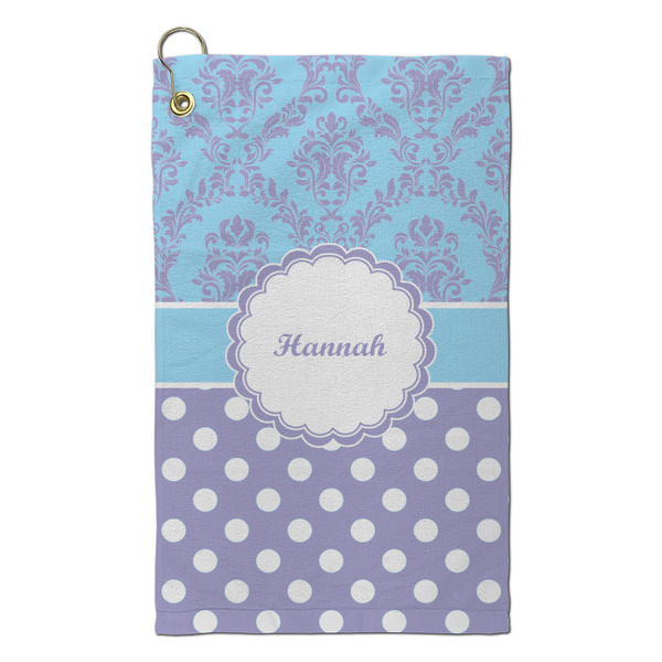 Custom Purple Damask & Dots Microfiber Golf Towel - Small (Personalized)