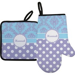 Purple Damask & Dots Right Oven Mitt & Pot Holder Set w/ Name or Text