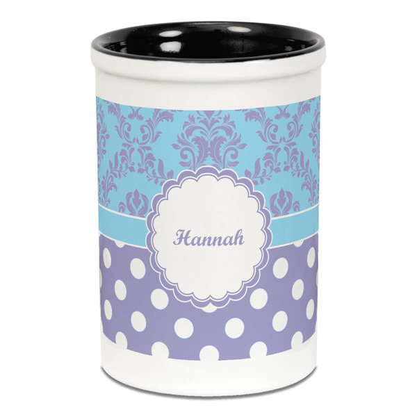 Custom Purple Damask & Dots Ceramic Pencil Holders - Black