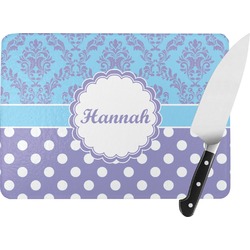 Purple Damask & Dots Rectangular Glass Cutting Board - Large - 15.25"x11.25" w/ Name or Text