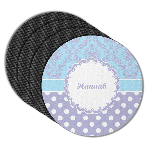 Custom Purple Damask & Dots Round Rubber Backed Coasters - Set of 4 (Personalized)