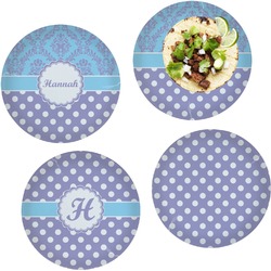 Purple Damask & Dots Set of 4 Glass Lunch / Dinner Plate 10" (Personalized)