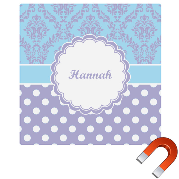 Custom Purple Damask & Dots Square Car Magnet - 6" (Personalized)