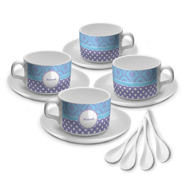 Custom Purple Damask & Dots Tea Cup - Set of 4 (Personalized)