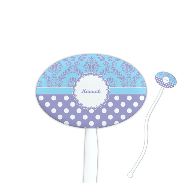 Custom Purple Damask & Dots 7" Oval Plastic Stir Sticks - White - Single Sided (Personalized)